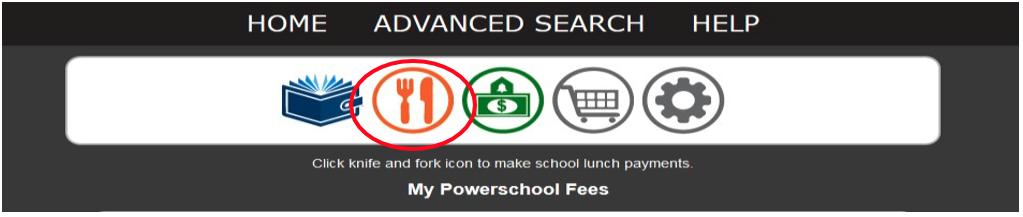 Food service screen showing a circle around the knife and fork icon 