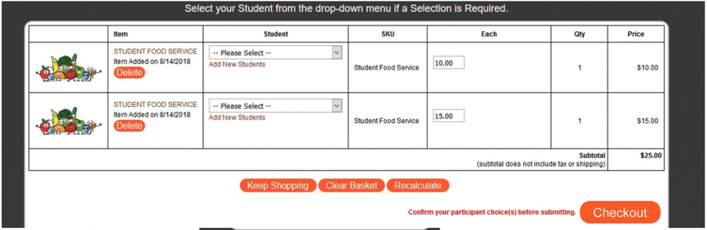Food services screen showing a red circle around the Checkout button. 